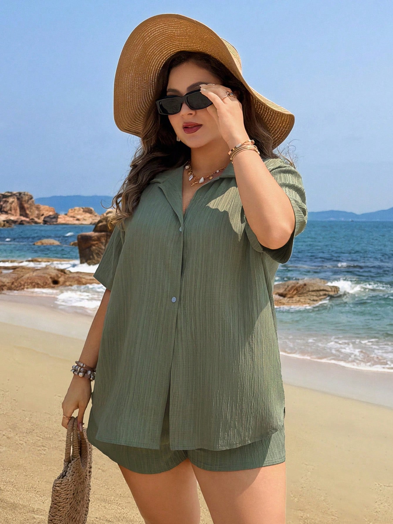 Swim Lushoire Plus Size Women Black Shorts And Short Sleeve Shirt 2 Pieces Set, Button Casual Beach Cover Up
