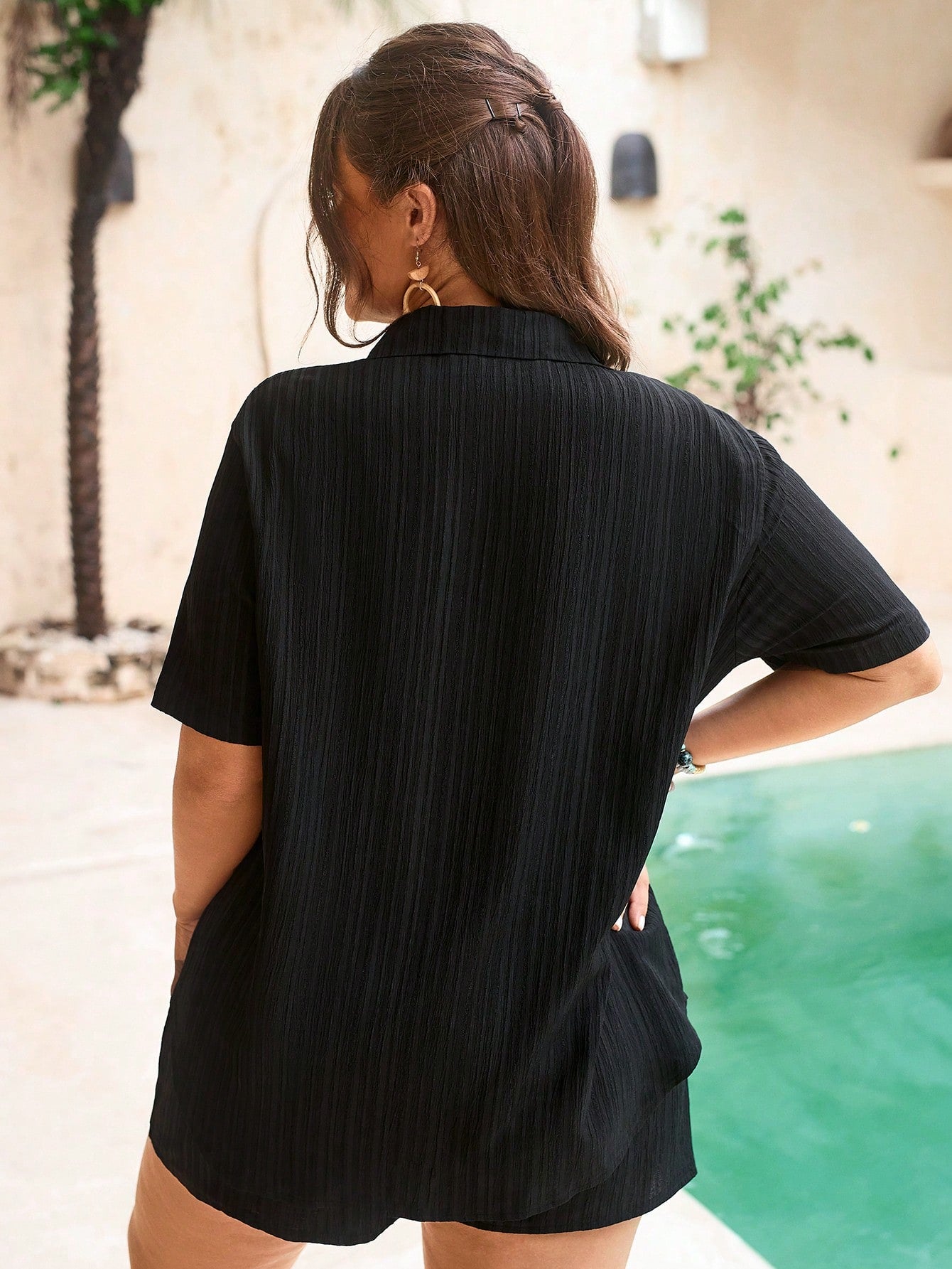 Swim Lushoire Plus Size Women Black Shorts And Short Sleeve Shirt 2 Pieces Set, Button Casual Beach Beach Vacation Cover Up Summer