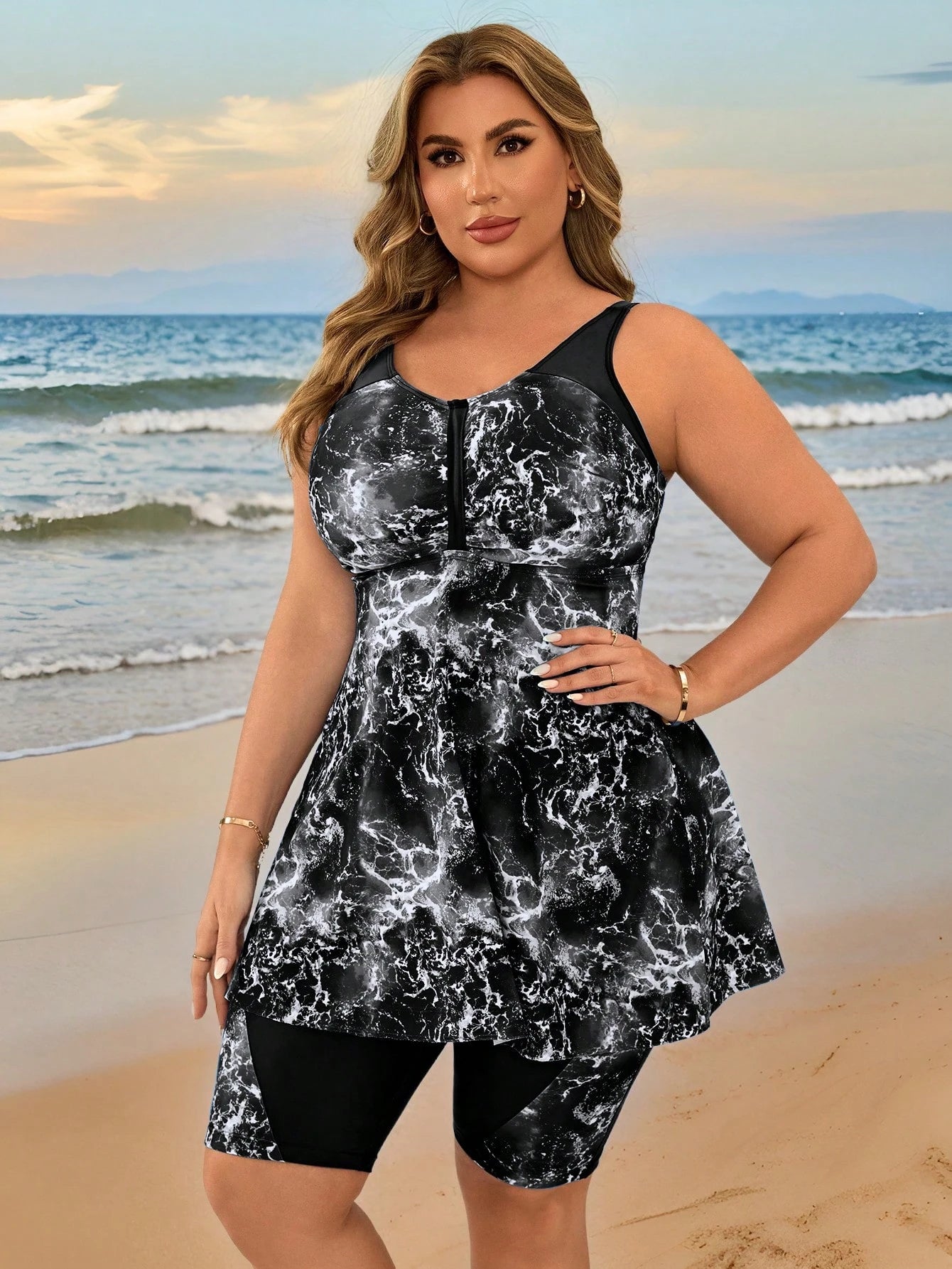 Swim Lushoire Plus Size Women Blue & White Tie Dye Print Tankini Swimwear Set, Beach Holiday For Summer Beach Vacation