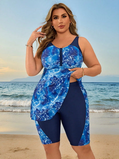 Swim Lushoire Plus Size Women Blue & White Tie Dye Print Tankini Swimwear Set, Beach Holiday For Summer Beach Vacation