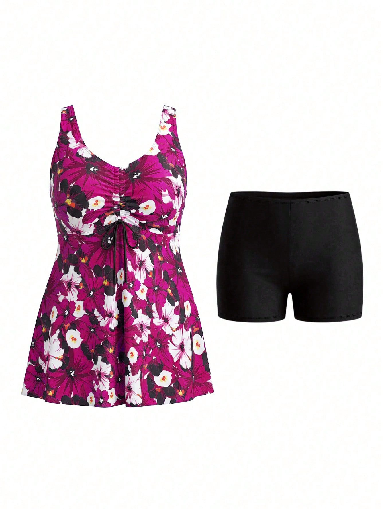 Swim Lushoire Plus Size Women Floral Print Ruched Tankini Top And Shorts Swimsuit Set, Suitable For Summer Vacation Vacation White