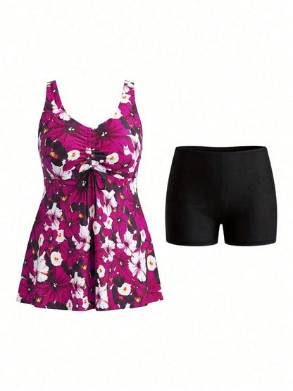 Swim Lushoire Plus Size Women Floral Print Ruched Tankini Top And Shorts Swimsuit Set, Suitable For Summer Vacation Vacation White