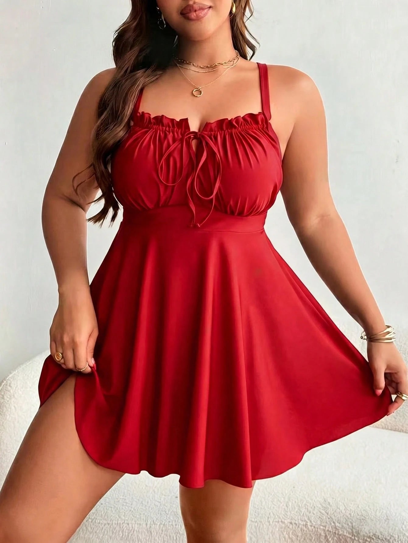 Swim Lushoire Plus Size Women Frill Trim Tie Front Solid Color One-Piece Swimdress With Swim Shorts