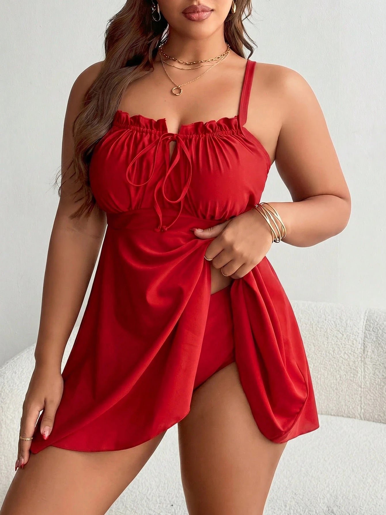 Swim Lushoire Plus Size Women Frill Trim Tie Front Solid Color One-Piece Swimdress With Swim Shorts
