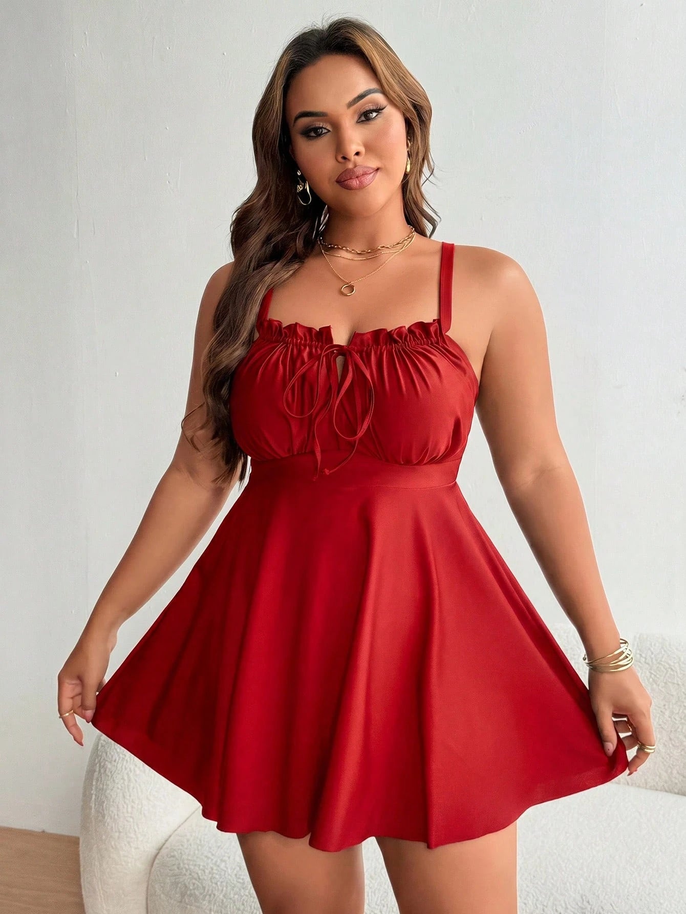 Swim Lushoire Plus Size Women Frill Trim Tie Front Solid Color One-Piece Swimdress With Swim Shorts