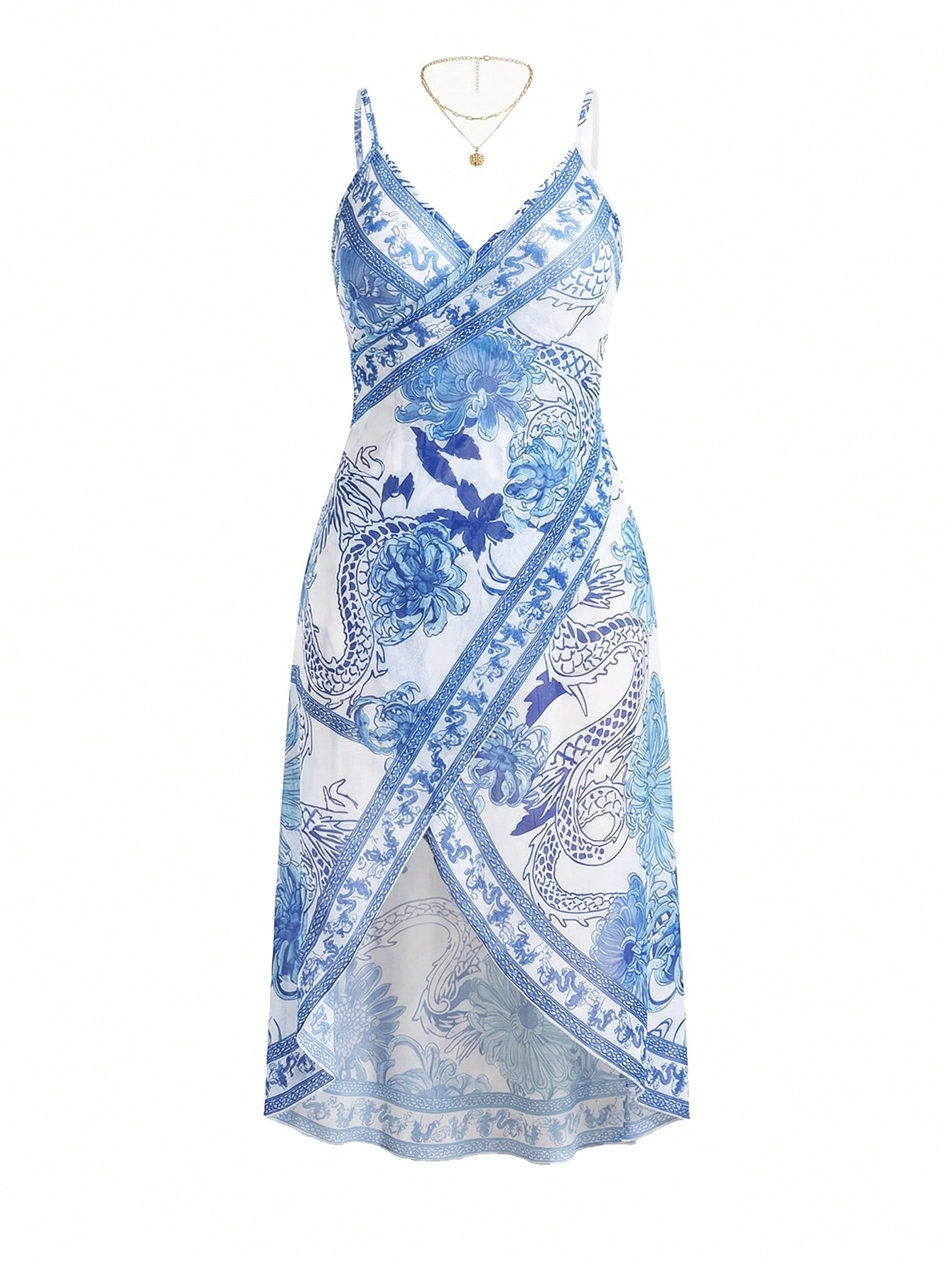 Swim Lushoire Plus Size Women Mythical Dragon & Floral Print Kimono Cover Up For Beach, Summer Vacation Beach Long Dressbeach Cover Up Dress
