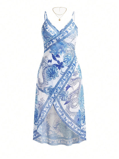 Swim Lushoire Plus Size Women Mythical Dragon & Floral Print Kimono Cover Up For Beach, Summer Vacation Beach Long Dressbeach Cover Up Dress