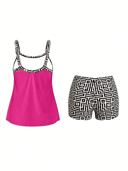 Swim Lushoire Plus Size Women Patchwork Camisole Tankini Top And Shorts Swimwear Set, Suitable For Summer Vacation