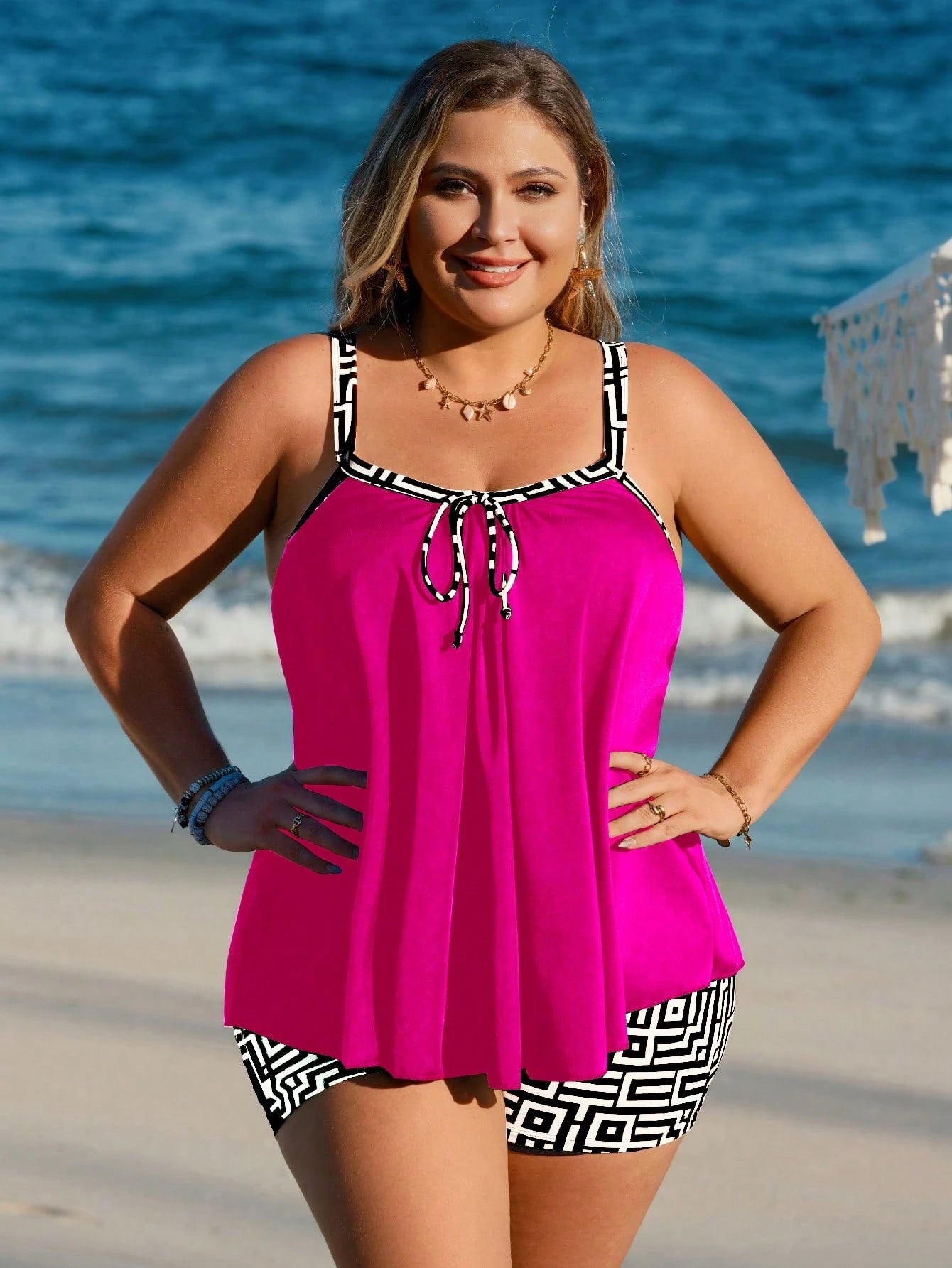 Swim Lushoire Plus Size Women Patchwork Camisole Tankini Top And Shorts Swimwear Set, Suitable For Summer Vacation