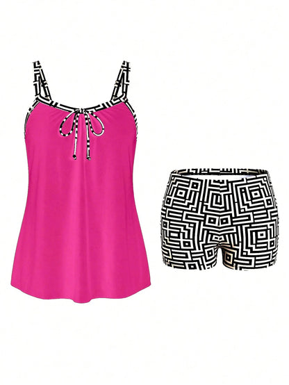 Swim Lushoire Plus Size Women Patchwork Camisole Tankini Top And Shorts Swimwear Set, Suitable For Summer Vacation