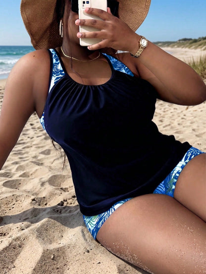 Swim Lushoire Plus Size Women Pink Blue And White Tankini Swimwear With Tummy Control Beach Carribean Beach Vacation Gym Vacation Vacation Summer Tropical Safari