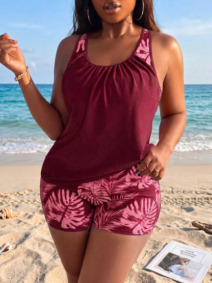 Swim Lushoire Plus Size Women Random Print Tankini Swimwear With Tummy Control Vacation Summer