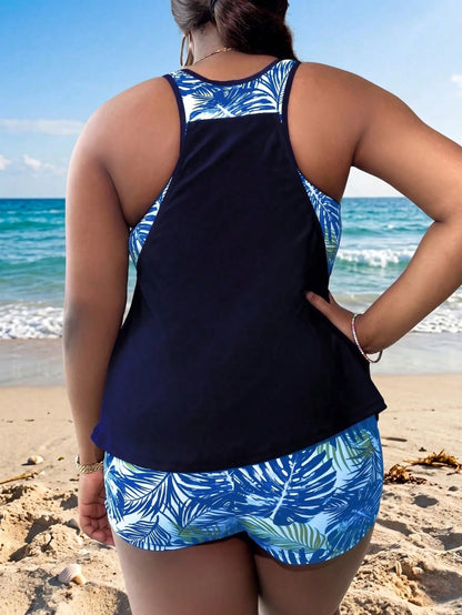 Swim Lushoire Plus Size Women Random Print Tankini Swimwear With Tummy Control Vacation Summer