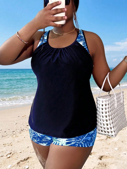 Swim Lushoire Plus Size Women Random Print Tankini Swimwear With Tummy Control Vacation Summer