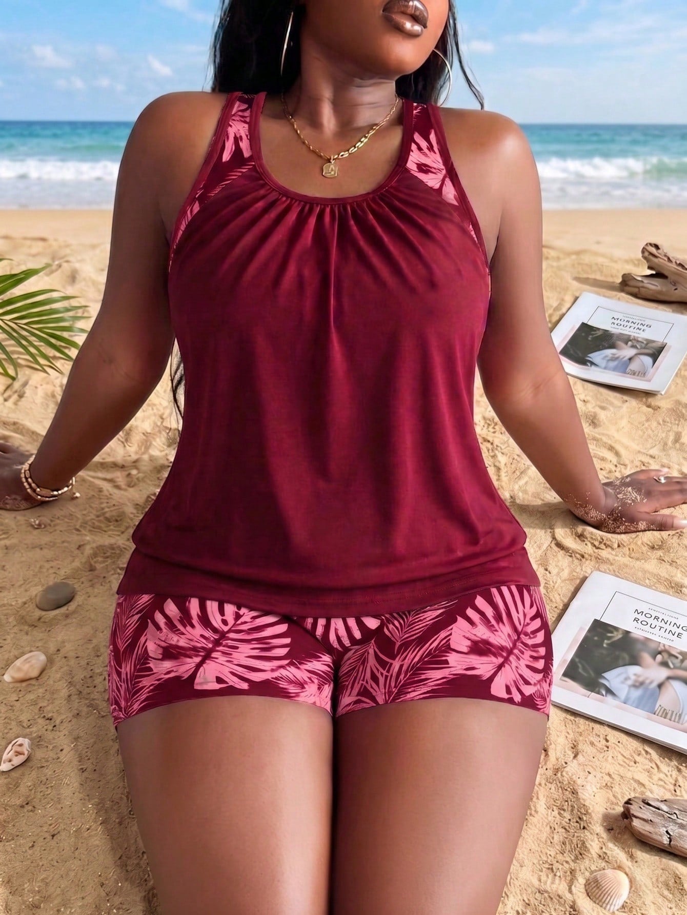 Swim Lushoire Plus Size Women Random Print Tankini Swimwear With Tummy Control Vacation Summer