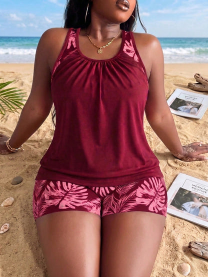 Swim Lushoire Plus Size Women Random Print Tankini Swimwear With Tummy Control Vacation Summer