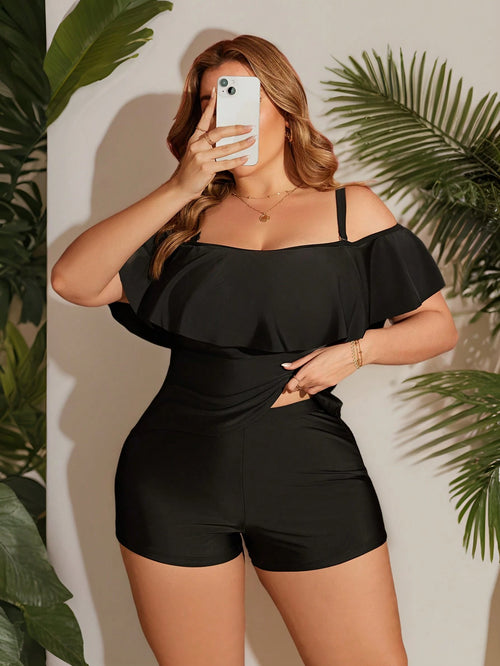 Swim Lushoire Plus Size Women's Black Ruffled Trim Halter Neck Tankini Top Summer