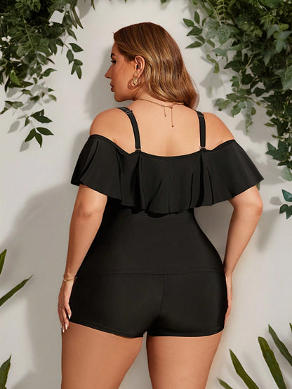 Swim Lushoire Plus Size Women's Black Ruffled Trim Halter Neck Tankini Top Summer