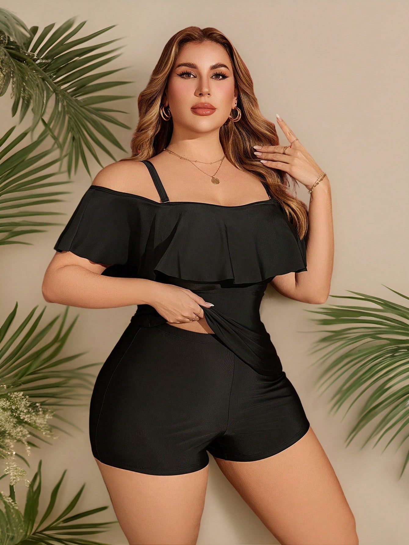 Swim Lushoire Plus Size Women's Black Ruffled Trim Halter Neck Tankini Top Summer