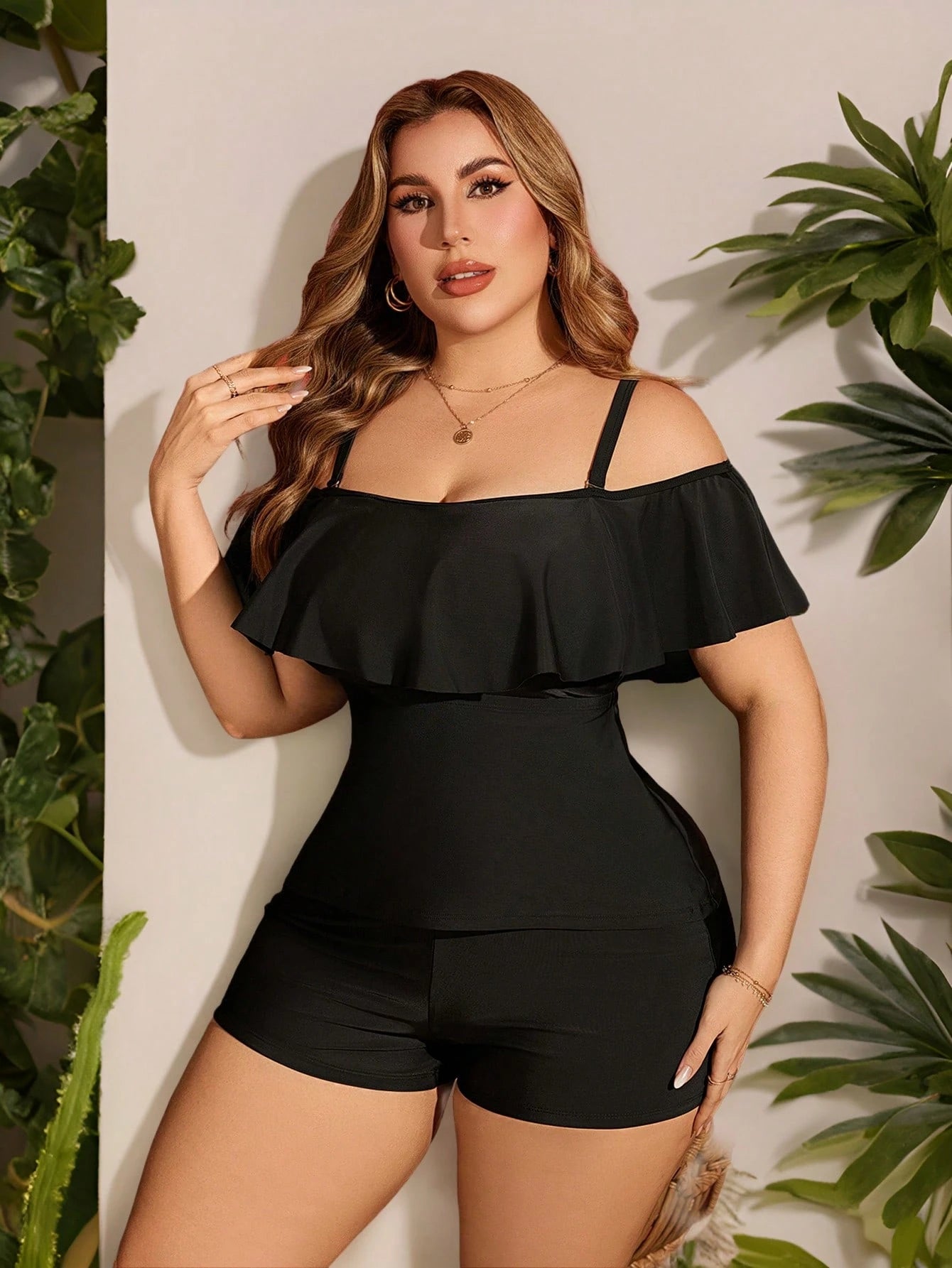 Swim Lushoire Plus Size Women's Black Ruffled Trim Halter Neck Tankini Top Summer