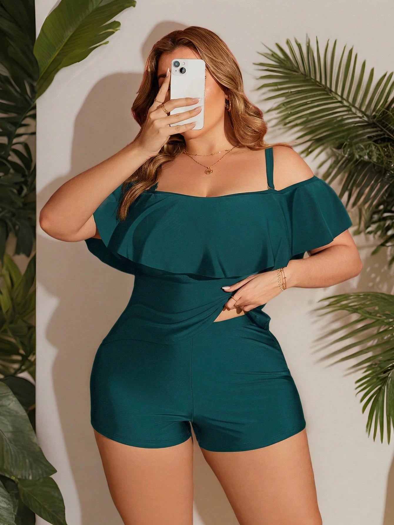 Swim Lushoire Plus Size Women's Black Ruffled Trim Halter Neck Tankini Top Summer