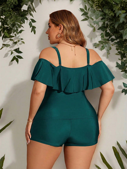 Swim Lushoire Plus Size Women's Black Ruffled Trim Halter Neck Tankini Top Summer