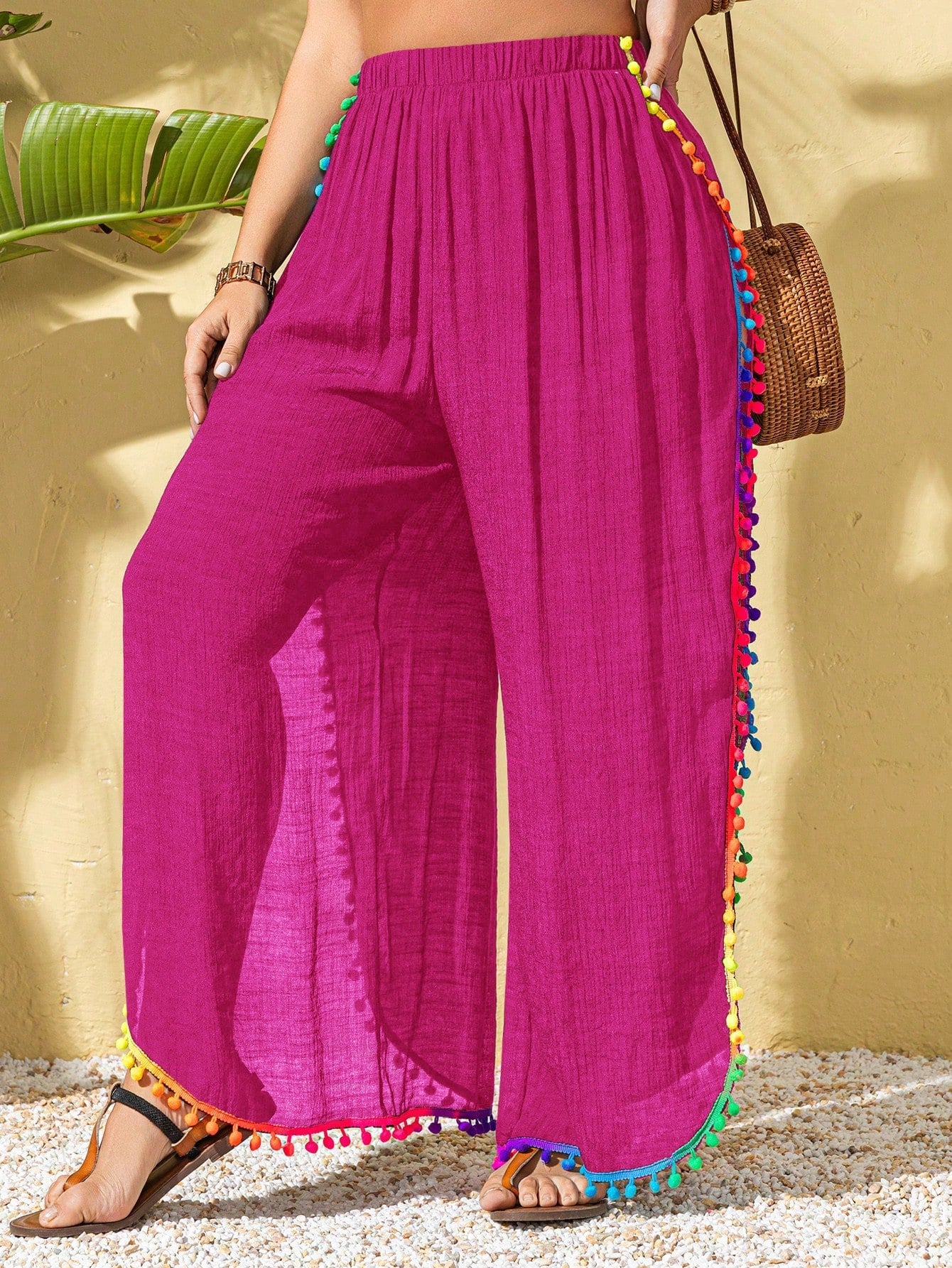 Swim Lushoire Plus Size Women's Colorful Tassel Trim Side Slit Modest Beach Casual Vacation Palazzo Pants Cover Up