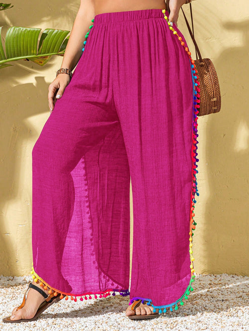 Swim Lushoire Plus Size Women's Colorful Tassel Trim Side Slit Modest Beach Casual Vacation Palazzo Pants Cover Up
