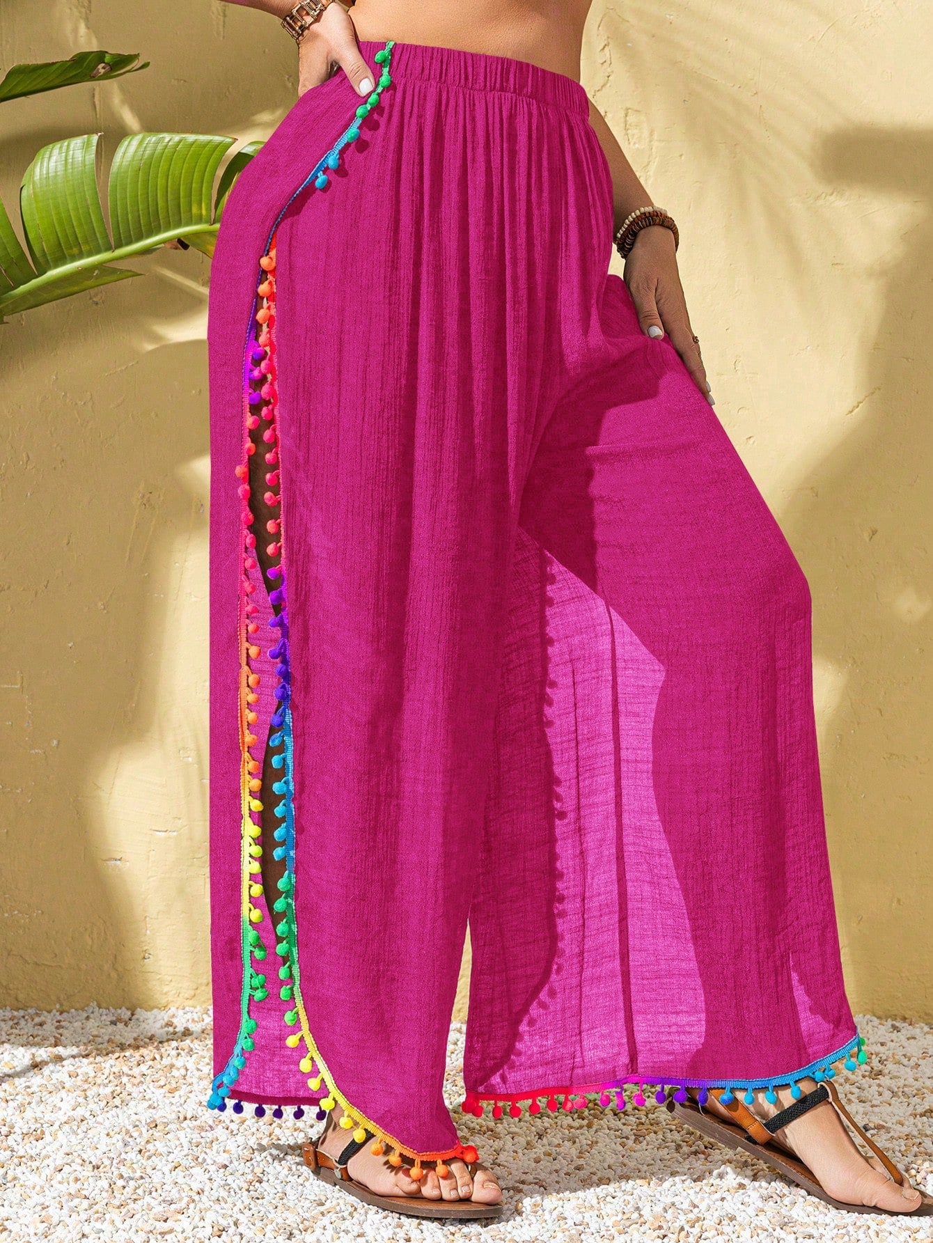 Swim Lushoire Plus Size Women's Colorful Tassel Trim Side Slit Modest Beach Casual Vacation Palazzo Pants Cover Up