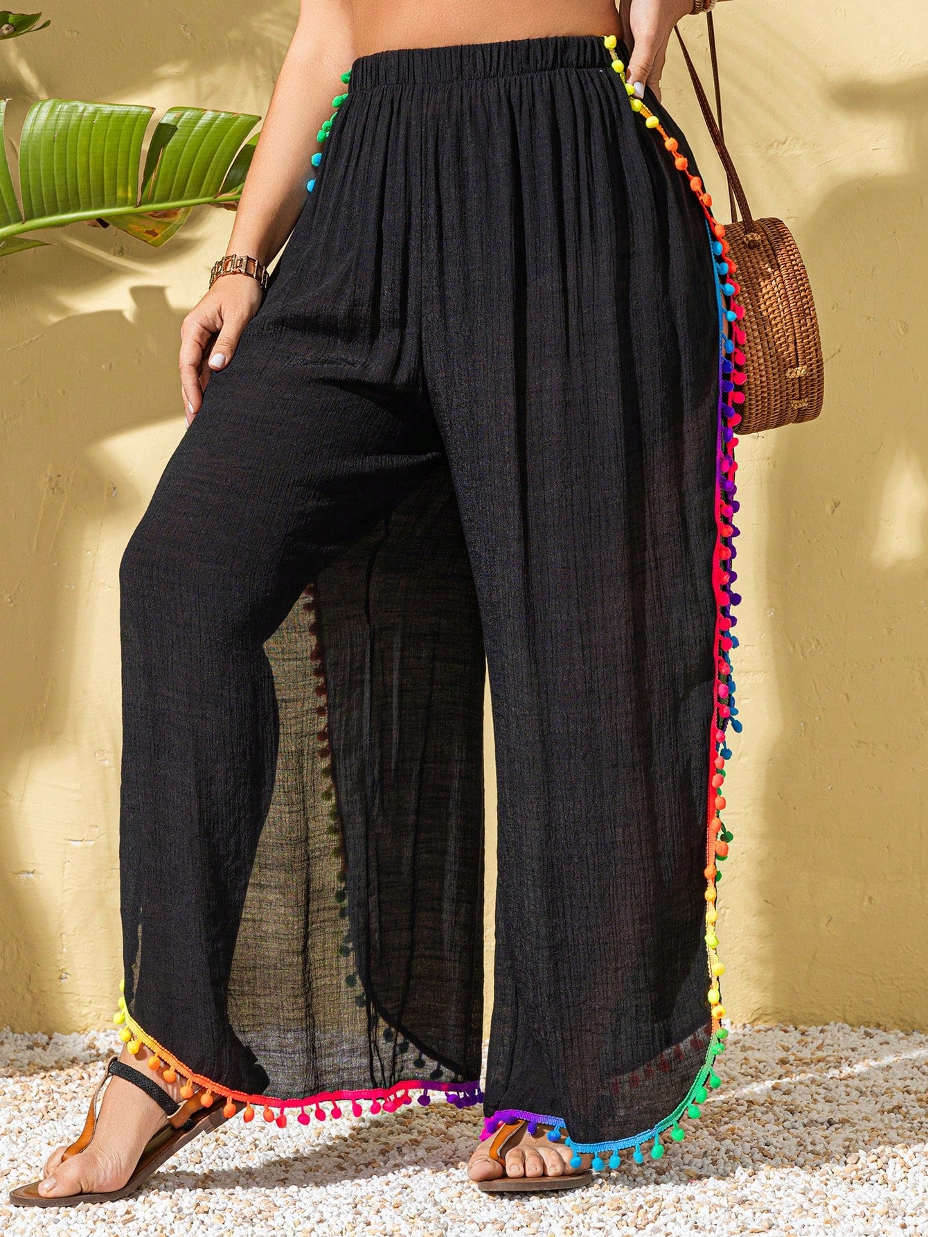 Swim Lushoire Plus Size Women's Colorful Tassel Trim Side Slit Modest Beach Casual Vacation Palazzo Pants Cover Up