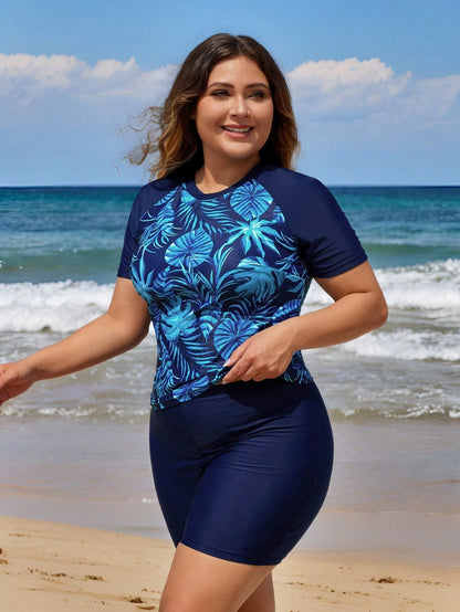 Swim Lushoire Plus Size Women's Plant Printed Top Style Tankinis,Summer Beach