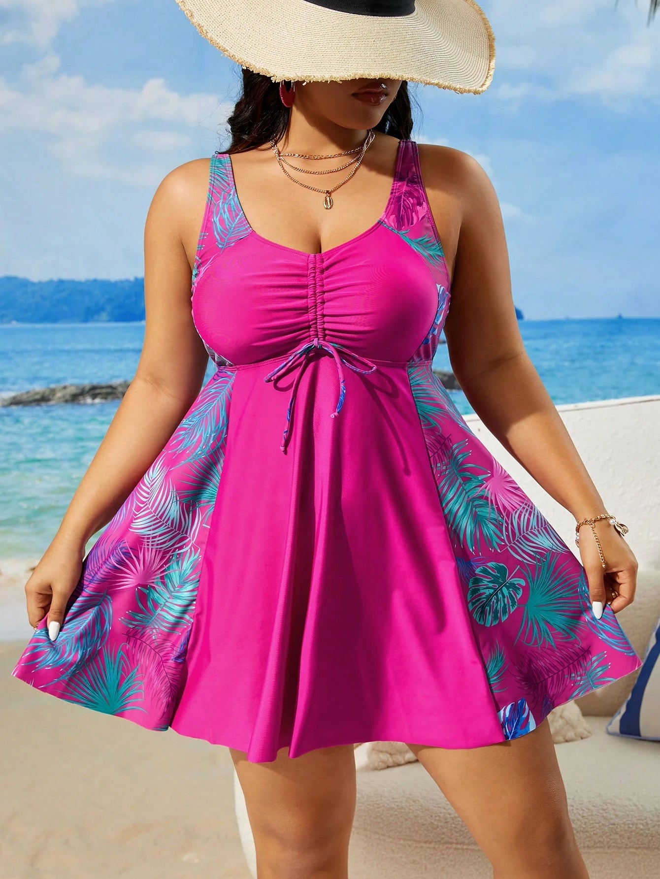 Swim Lushoire Plus Size Women's Printed Simple Casual Swim Dress Summer
