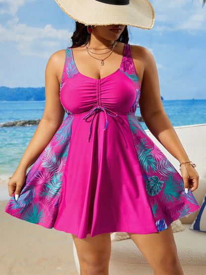 Swim Lushoire Plus Size Women's Printed Simple Casual Swim Dress Summer
