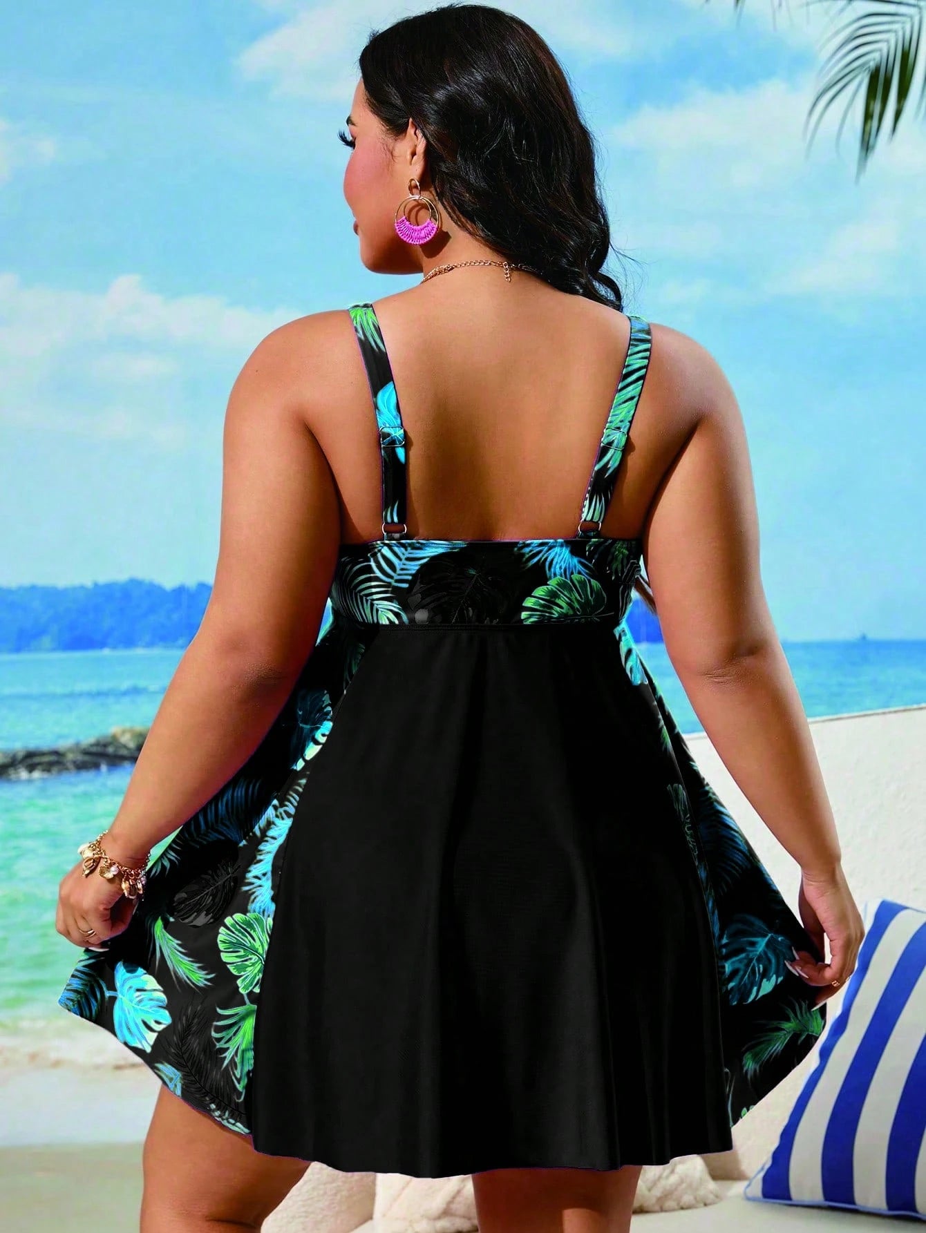 Swim Lushoire Plus Size Women's Printed Simple Casual Swim Dress Summer