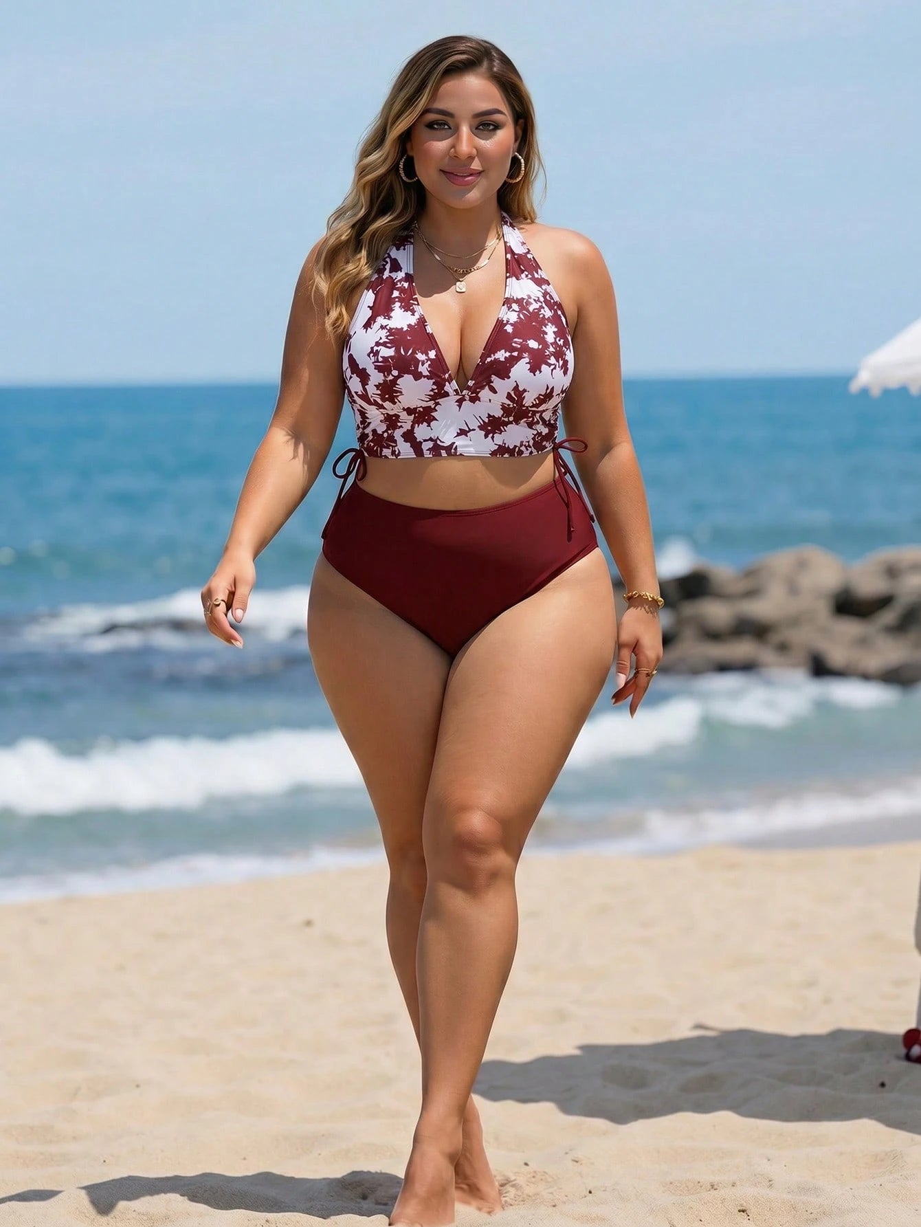 Swim Lushoire Plus Size Women's Summer Beach Halter Neck Tie Sexy Bikini And Triangle Bottom Two-Piece Swimsuit Set