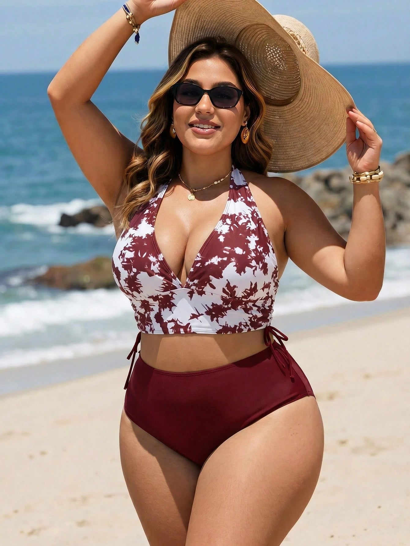 Swim Lushoire Plus Size Women's Summer Beach Halter Neck Tie Sexy Bikini And Triangle Bottom Two-Piece Swimsuit Set