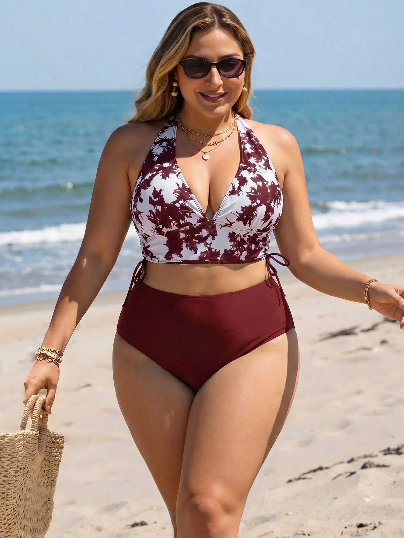 Swim Lushoire Plus Size Women's Summer Beach Halter Neck Tie Sexy Bikini And Triangle Bottom Two-Piece Swimsuit Set
