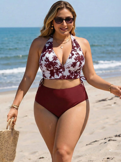 Swim Lushoire Plus Size Women's Summer Beach Halter Neck Tie Sexy Bikini And Triangle Bottom Two-Piece Swimsuit Set