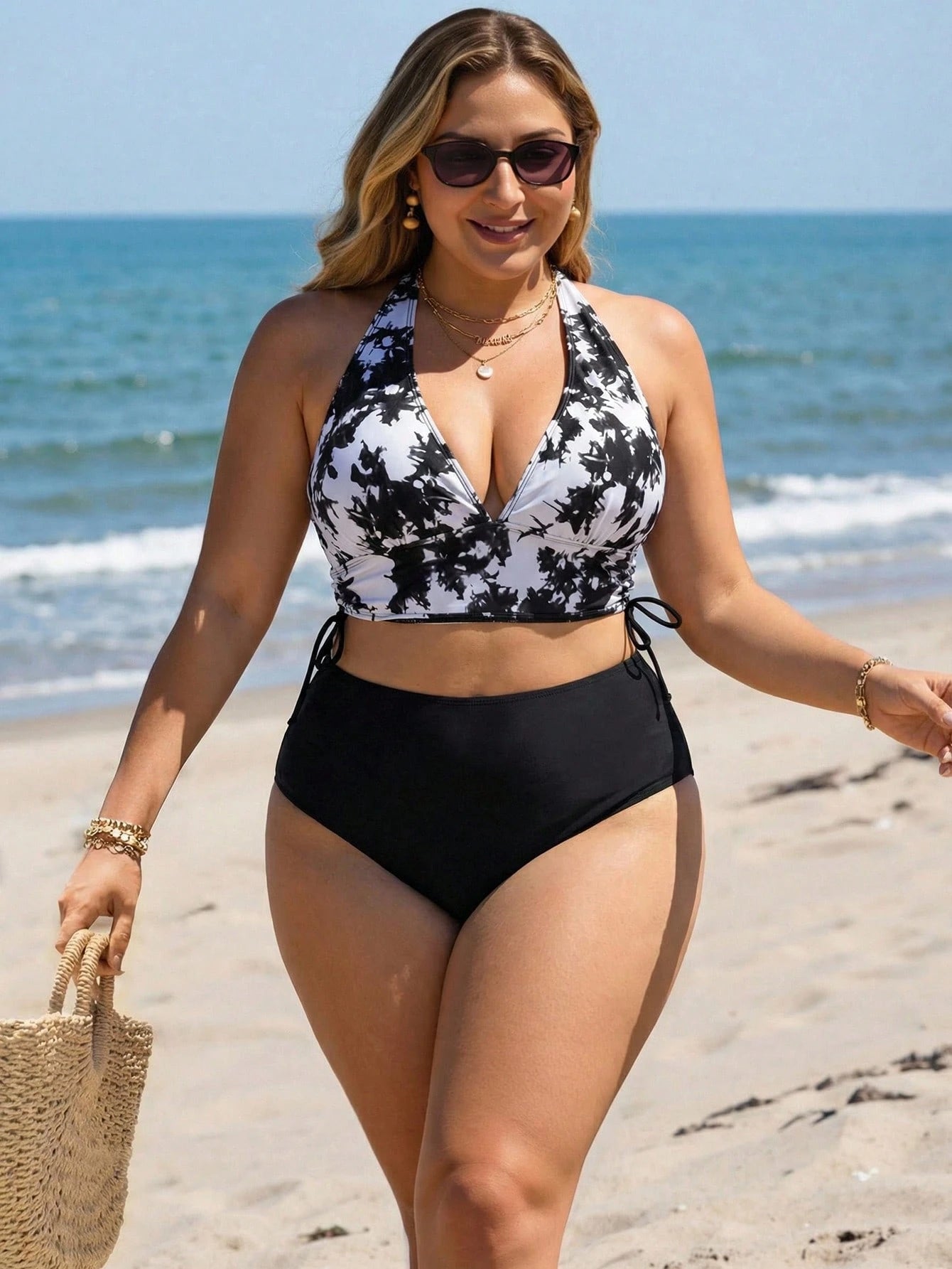 Swim Lushoire Plus Size Women's Summer Beach Halter Neck Tie Sexy Bikini And Triangle Bottom Two-Piece Swimsuit Set