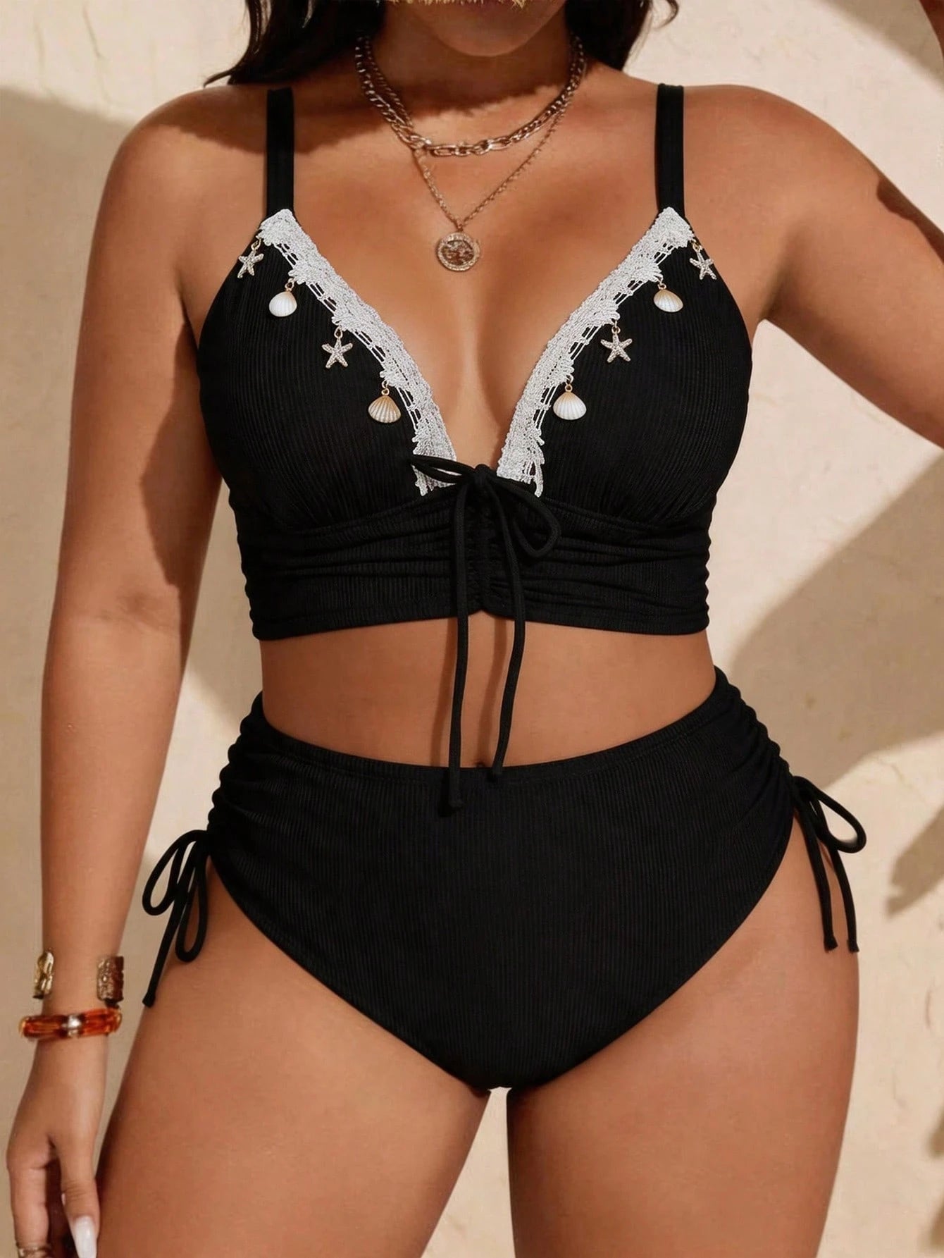 Swim Lushoire Plus Size Women's Summer Beach Vacation Gym Vacation Style Patchwork Starfish Shell Decor Drawstring Ruched Knot Split Bikini Set Black Sexy