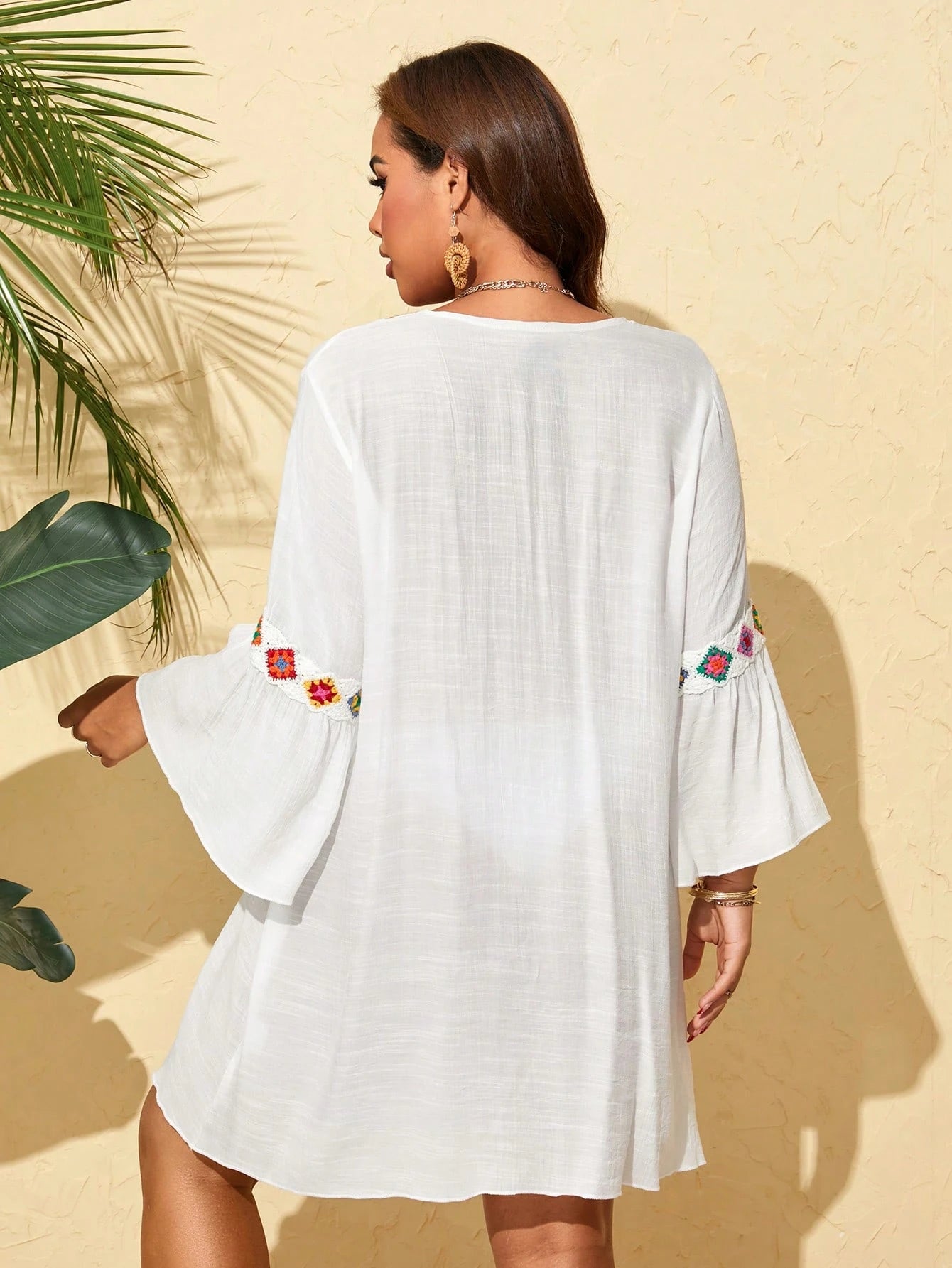 Swim Lushoire Plus Size Women's Woven Bamboo Fiber Patchwork Floral Boho Style Beachwear Swimsuit Cover Up With V-Neck And Ruffle Sleeves Summer