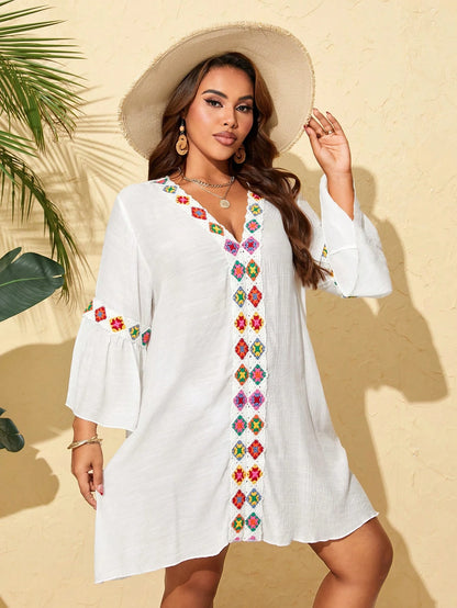 Swim Lushoire Plus Size Women's Woven Bamboo Fiber Patchwork Floral Boho Style Beachwear Swimsuit Cover Up With V-Neck And Ruffle Sleeves Summer
