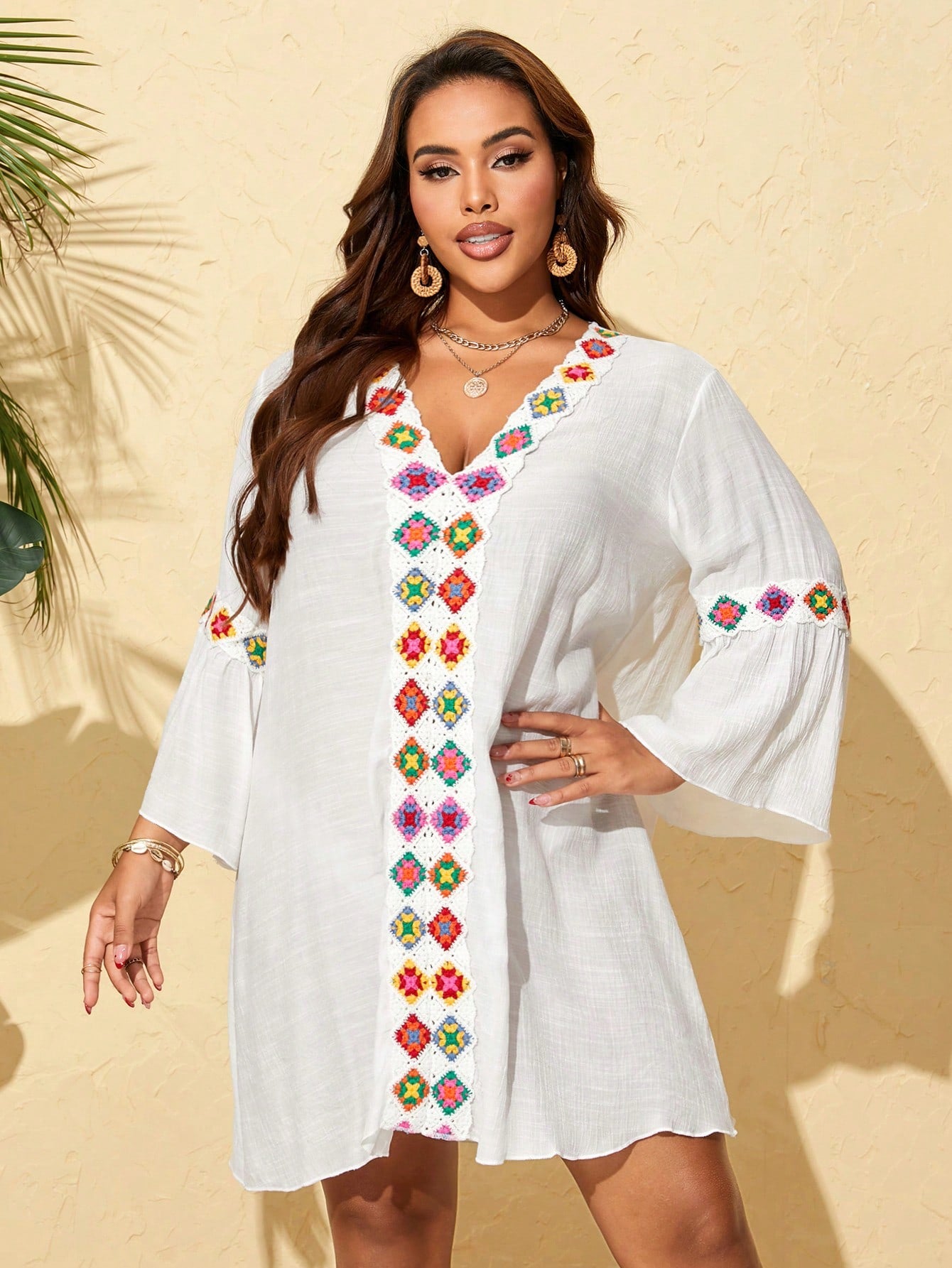 Swim Lushoire Plus Size Women's Woven Bamboo Fiber Patchwork Floral Boho Style Beachwear Swimsuit Cover Up With V-Neck And Ruffle Sleeves Summer