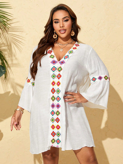 Swim Lushoire Plus Size Women's Woven Bamboo Fiber Patchwork Floral Boho Style Beachwear Swimsuit Cover Up With V-Neck And Ruffle Sleeves Summer