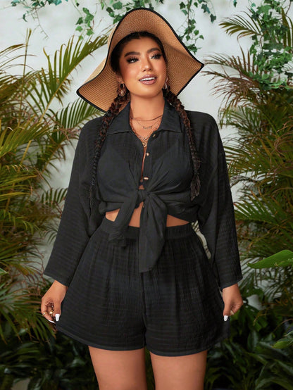 Swim Lushoire Plus Size Women Solid Color Open Front Long Sleeve Kimono, Robe And Shorts Casual Loungewear Set For Summer Beach Vacation