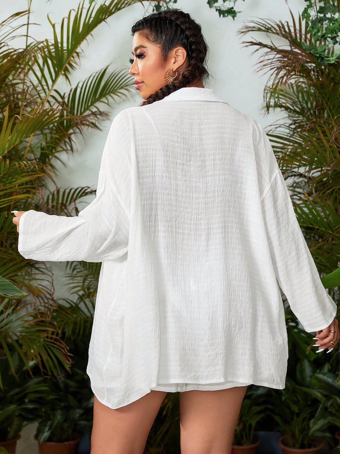 Swim Lushoire Plus Size Women Solid Color Open Front Long Sleeve Kimono, Robe And Shorts Casual Loungewear Set For Summer Beach Vacation