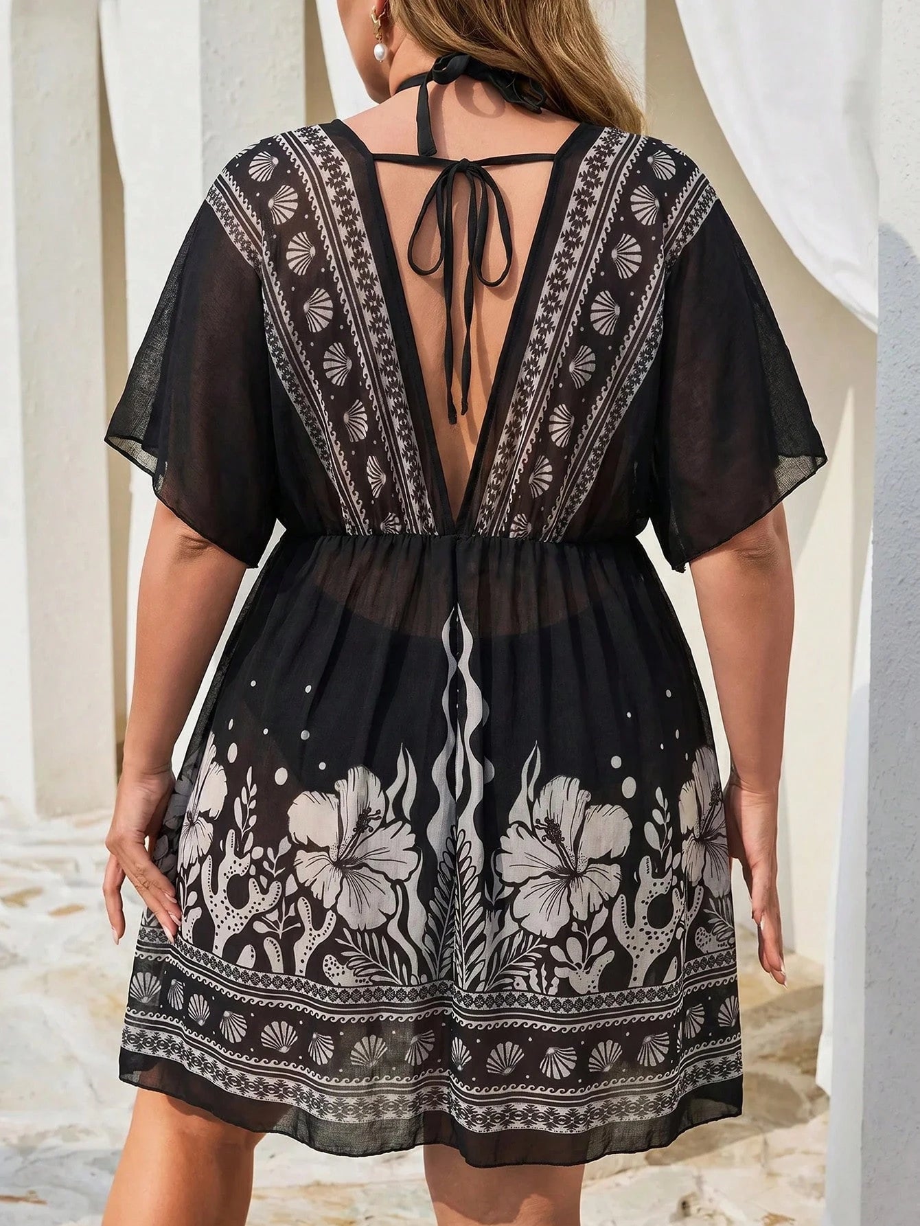 Swim Lushoire Plus Size Women V-Neck Floral Print Casual Vacation Cover-Up Dress