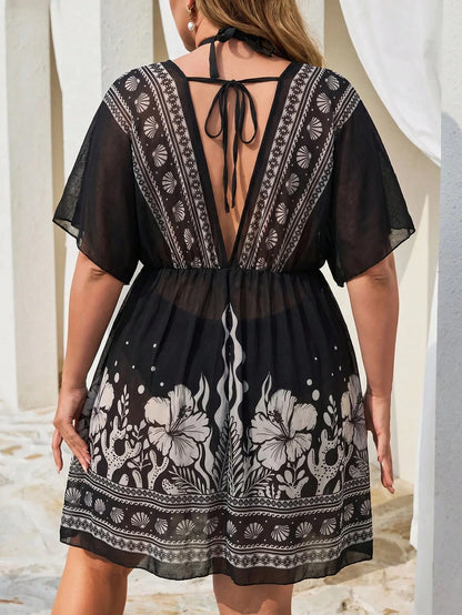 Swim Lushoire Plus Size Women V-Neck Floral Print Casual Vacation Cover-Up Dress