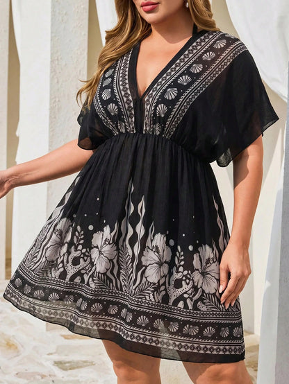Swim Lushoire Plus Size Women V-Neck Floral Print Casual Vacation Cover-Up Dress