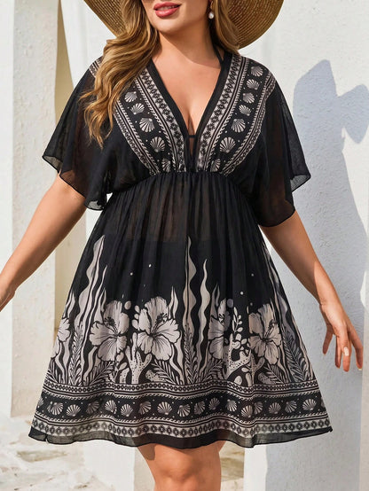 Swim Lushoire Plus Size Women V-Neck Floral Print Casual Vacation Cover-Up Dress